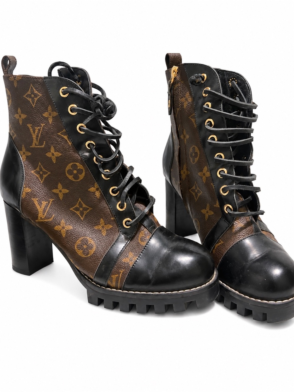 Louis Vuitton Black Leather & Brown Monogram Lace-Up Heel Boots